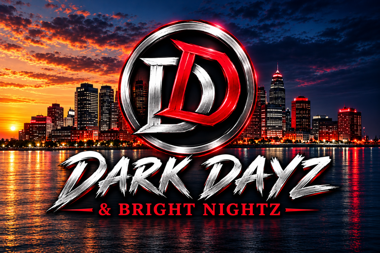 Dark Dayz & Bright Nightz logo over a city skyline at sunset