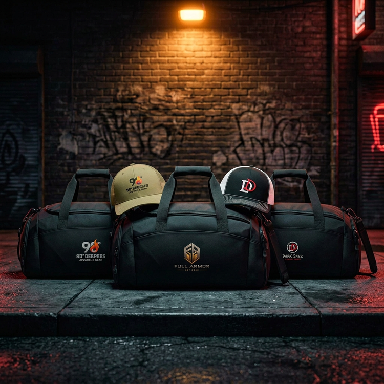 90° Degrees, Full Armor and Dark Dayz gym bags and trucker caps on a city sidewalk at night
